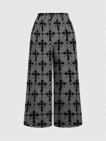 Goth Dark Mysterious Cross Vine Baroque Dark Rose Black & Grey Women's Pants