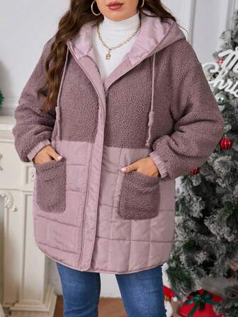 EMERY ROSE Plus Size Women Winter Casual Daily Commute Two-Tone Zip-Up Drawstring Hooded Patchwork Teddy Fleece Padded Coat