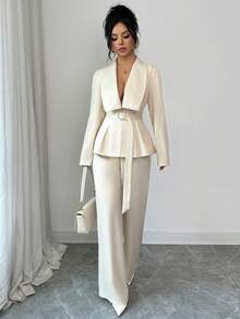 Elenzga Bộ vest nữ thu đông mới, tối giản, đa năng, thanh lịch, cao cấp gồm áo blazer cổ bẻ, trang trí kim loại, thắt eo và quần ống rộng. - Màu be - Xem 5