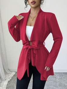 Elenzga Women's Elegant Commuter Solid Color With Belt Regular Jacket - Red - View 5