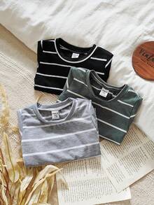 Vintaside Kids 3pcs/Set Newborn Baby Boy Striped Long Sleeve T-Shirt,Autumn Casual Round Neck Undershirt,Black White/Gray Green,Back-To-School Carrer Day School - Multicolor - View 5