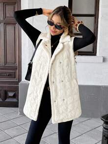 SHEIN Frenchy Áo khoác vest dáng rộng, hai hàng khuy trơn màu dành cho nữ, mùa đông - Màu be - Xem 5