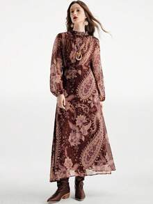 Aveloria Modichic Vestido de gasa con cuello Mao elegante y retro, diseño de busto fruncido, manga larga - Multicolor - Ver 3