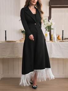 EMERY ROSE Standard Size Women's Fitted Blazer Jacket + Fringed Solid Color Mini Skirt Suit Set - Black - View 4