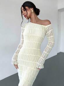 Firerie Đầm ôm sát tay dài màu mơ, thanh lịch, quyến rũ, tối giản, phù hợp mặc hàng ngày, hẹn hò, tiệc tùng, trang trọng, thời trang mới, vai chéo, chất liệu vải kết cấu, dành cho nữ, mùa thu/đông - Màu be - Xem 1