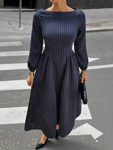 Siren Gaze Women's Boat Neck Lantern Sleeve Ruched Striped Dress Navy Blue Elegant Dress Vertical Stripe Dress Long Sleeve Elegant Dress Elegant Midi Dress Long Sleeve Dress Winter Evening Dress Boat Neck Dress Pinstripe Midi Dress Formal Midi Dress Naval Blue Dress Elegant Long Sleeve Dress Spring - Navy Blue - View 3
