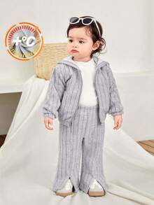 SHEIN Babygirl Autumn/Winter Cute All-Match Versatile Solid Gray Fuzzy Ribbed Hooded Cardigan & Elastic Waist Flare Pants Set - Multicolor - View 1