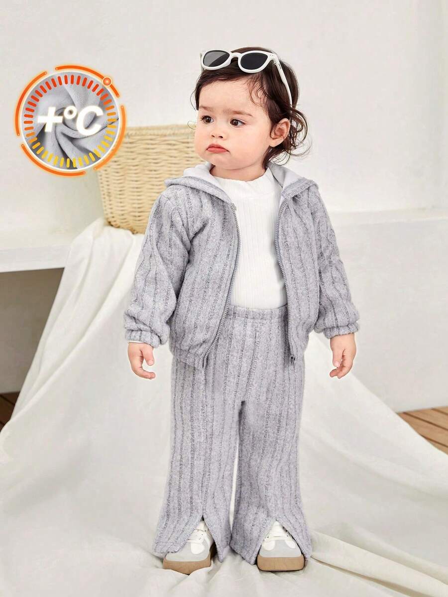 SHEIN Babygirl Autumn/Winter Cute All-Match Versatile Solid Gray Fuzzy Ribbed Hooded Cardigan & Elastic Waist Flare Pants Set - Multicolor - View 1