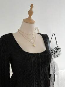 Elamini 复古休闲女式圆领开衫 - 黑色 - 查看 4