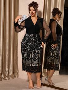 Cravure Váy dài tay cổ chữ V phối ren lưới thanh lịch cỡ lớn, mùa thu - màu đen - Xem 4