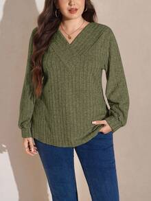 SHEIN LUNE Áo thun dài tay màu xanh lá cây dành cho nữ cỡ lớn, có lớp lót giữ nhiệt, thích hợp cho kỳ nghỉ thu đông. - xanh quân đội - Xem 3