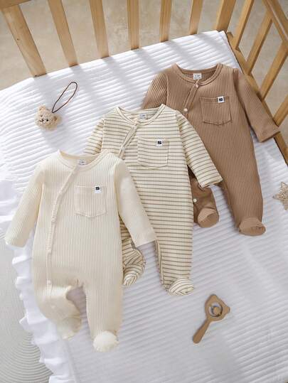 Newborn Baby Pajamas-3Pack Newborn Ribbed Sleepwear Set Neutral Beige Brown Cream Round Neck Long Sleeve Long Pants Footed Jumpsuit Dress Option Four Season Pajama Essential 2026 New Year Holiday Outfit Baby Shower Gift Breathable Gentle Skin Friendly