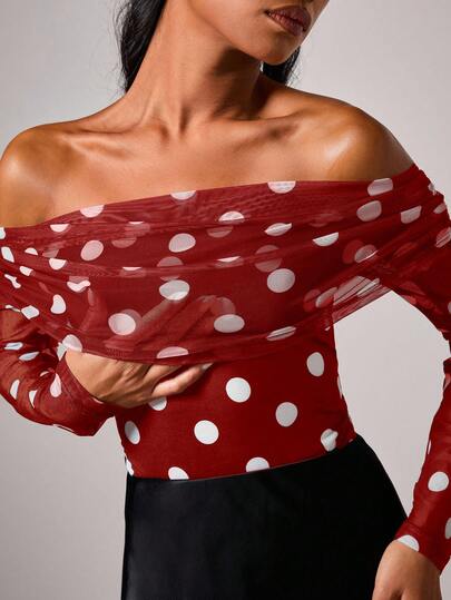 COSMINA Women's Elegant Polka Dot Off-Shoulder Bodysuit