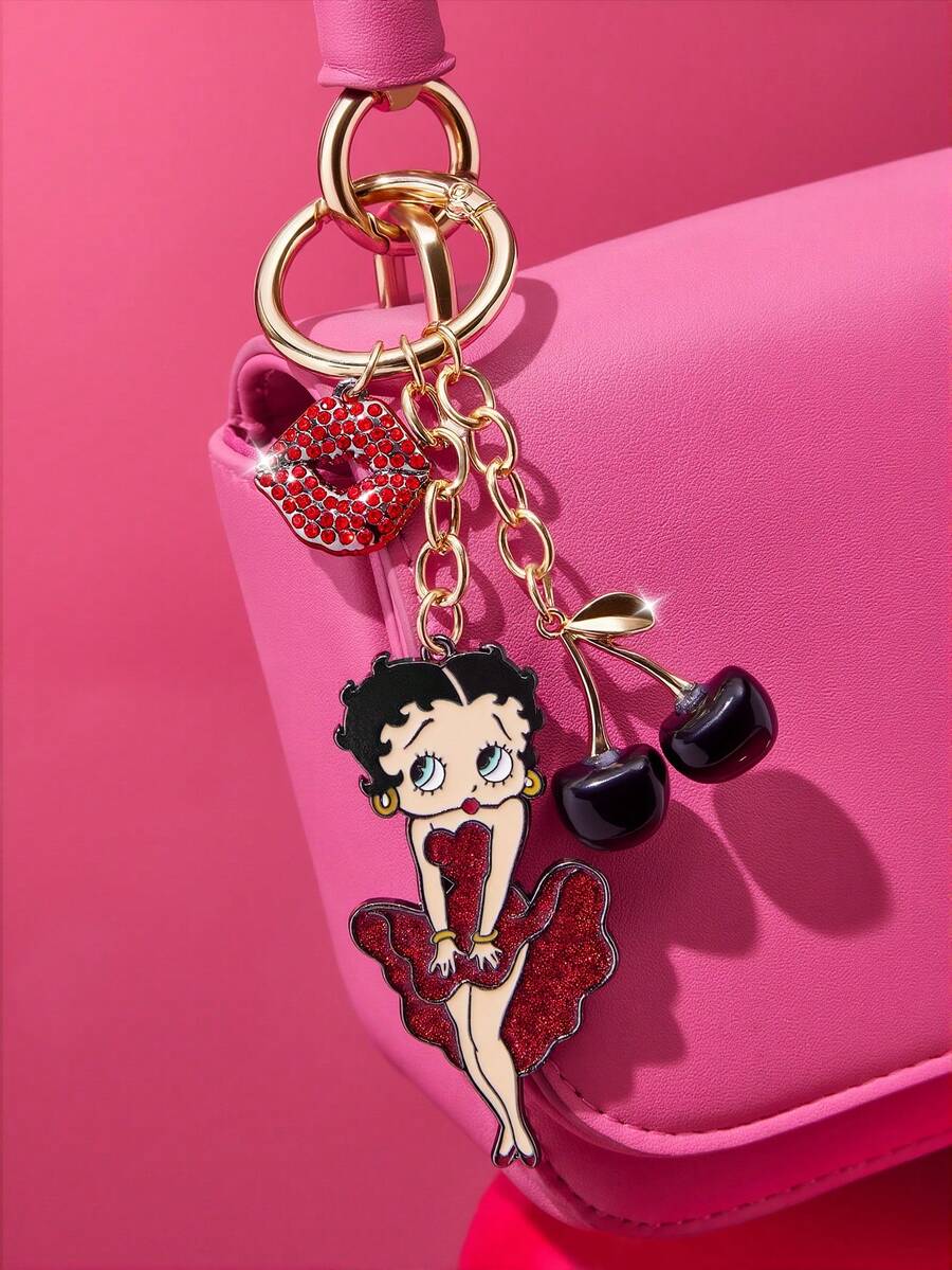 Betty Boop x SHEIN 时尚优雅的立体黑樱桃合金钥匙扣可爱卡通包包挂件，礼品创意，派对，节日，情人节