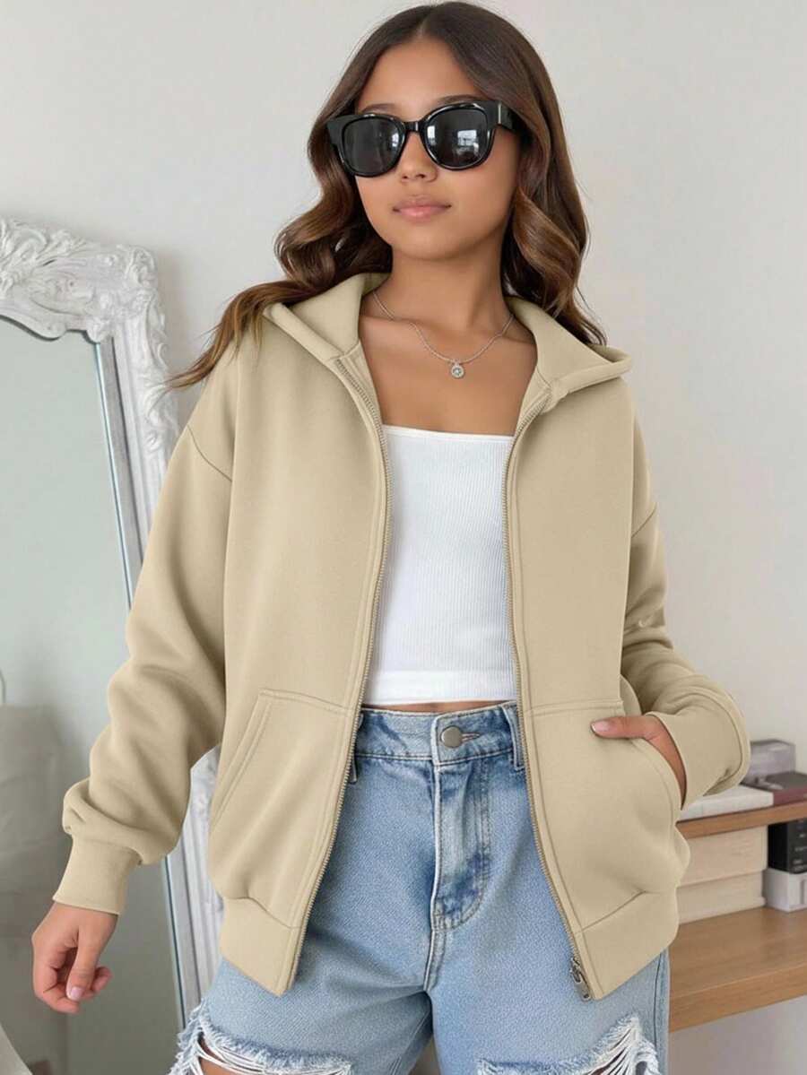 SHEIN Tween Girls Casual Hooded Cardigan Jacket, Autumn/Winter - Apricot - View 1