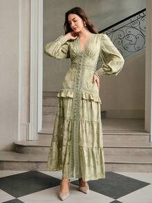 Anewsta 法式褶皱V领泡泡袖优雅修身连衣裙长款女装 - 橄欖綠 - 查看 2