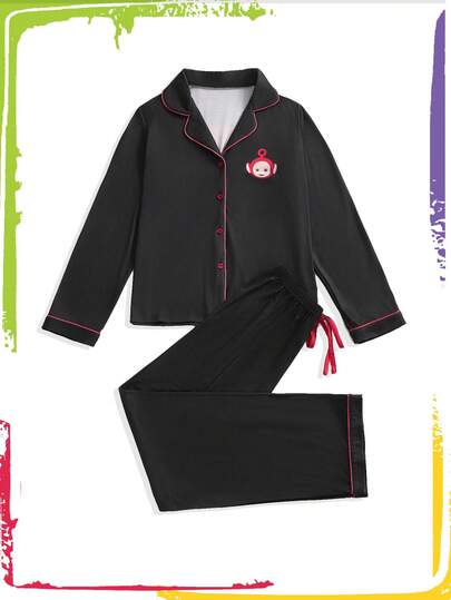 Teletubbies X ROMWE Cute Contrast Trim Cartoon Pattern Button Front Long Sleeve Top And Pants Pajama Set, Fall & Winter Clothes