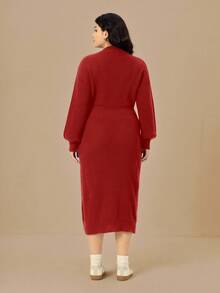 SHEIN LUNE 大码女式针织毛衣连衣裙，纯色针织海马图案，秋冬季休闲百搭，适合圣诞节、万圣节、返校季等场合。 - 紅色 - 查看 2