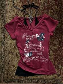 Attitoon 女士休闲复古V领朋克风复古哥特芙蓉花和英文字母印花露背系带撞色短袖T恤，适合夏季，Y2K风格，时尚别致 - 彩色 - 查看 1