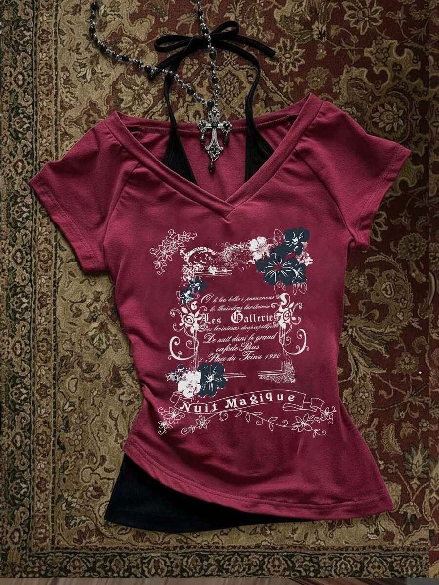 Attitoon 女士休闲复古V领朋克风复古哥特芙蓉花和英文字母印花露背系带撞色短袖T恤，适合夏季，Y2K风格，时尚别致 - 彩色 - 查看 1