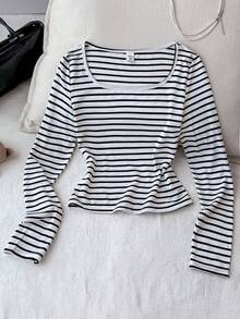 SHEIN Teen Girls' Striped Crew Neck Fitted Casual Cropped Long Sleeve T-Shirt,Summer,Y2k,Vacation,Streetwear,Holiday,New Years - Black and White - View 1