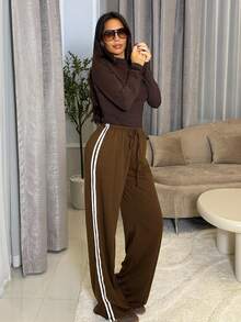 Milla Jasmine بنطلون سويت شيرت مرتب للسيدات بخطوط متباعدة وسحاب - بني - مشاهدة 6