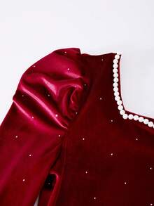 Sparklyn Robe de vin exquise pour fille de fée et enfants, décolleté carré avec perles, design de manches bouffantes, dynamique et rétro, étincelante et exquise, forme évasée qui serre la taille dégageant un tempérament super !