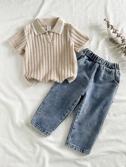 SHEIN Vintaside Kids Toddler Boys' Casual Lapel Short Sleeve Top Paired With Fashionable Washed Denim Pants Set, Suitable For Daily Wear, Family Camping, Dining Or Shopping