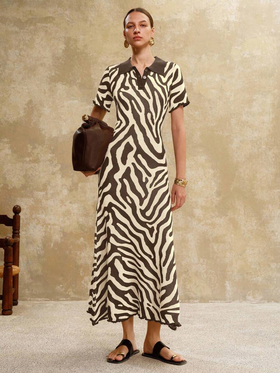 Revavyn Váy ôm sát tay ngắn họa tiết ngựa vằn - Màu Khaki - Xem 1