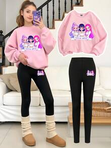 Autumn/Winter Girls' Casual Fashion Creative Personalized Fresh Minimalist High-End Cool Virtual Girl Group Cartoon Character Glitter Pentagram Logo Graphic Print Sweatshirt And Leggings Set, Comfortable Cozy Fall & Winter Styles - Multicolor - View 1