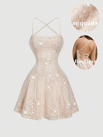 SHEIN MOD فستان قصير أبيكوت مزين بالترتر بدون ظهر للنساء، فستان عيد الحب، فستان رأس السنة، فستان حفلة، فساتين أنيقة، فستان رسمي، ملابس حفلة، فستان حفلة التخرج، فستان مرصع بالترتر، فستان تخرج، فستان مرصع بالترتر، ملابس حفلة موسيقية ريفية