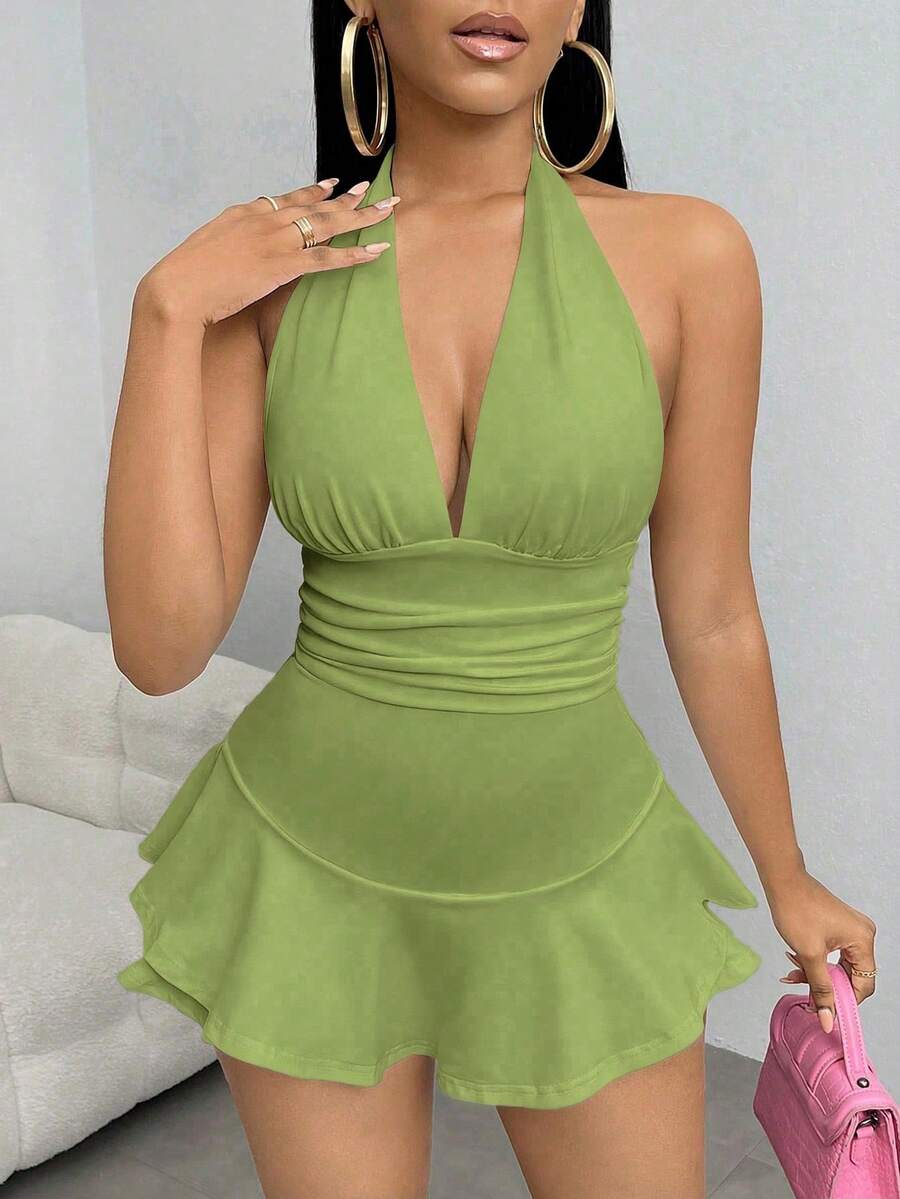SHEIN SXY Combinaison courte femme à col ras-du-cou, ourlet à volants et dos nu, couleur unie, pour l'été - Militaire verte - Voir 1