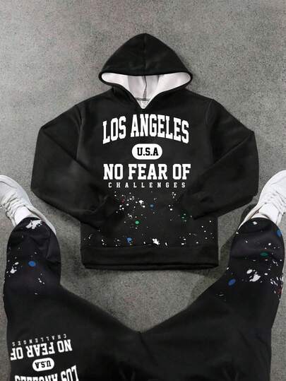 SHEIN 2 件儿童/青少年男童休闲日常舒适印花连帽运动衫和慢跑裤套装