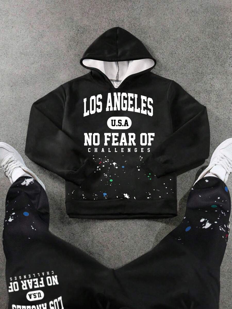 SHEIN 2 件儿童/青少年男童休闲日常舒适印花连帽运动衫和慢跑裤套装 - 黑色 - 查看 1