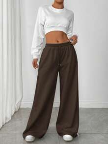 SHEIN EZwear 女士纯色抽绳腰阔腿休闲宽松运动裤 - 咖啡棕 - 查看 3