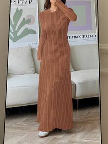 SHEIN EZwear 女士纯色长袖休闲针织连衣裙 - 棕色 - 查看 4