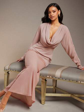 L'Amorae 女士垂褶高领中长连衣裙，混纺面料，适合婚礼、休闲约会、情人节等场合，尽显优雅气质。