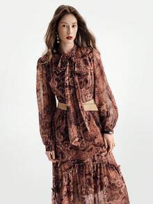 Aveloria Modichic Autumn/Winter Random Cashew Flower Print Chiffon Dress With Tie Collar, Frill Trim And Asymmetric Hem, Long Sleeve - Multicolor - View 6