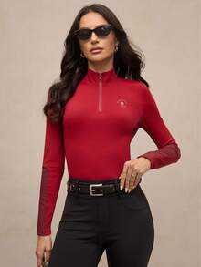 Activina Top équestre ajusté à manches longues avec patchwork de couleurs contrastées pour femmes - Rouge foncé - Voir 5
