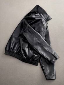 AXEPEAK 男士短款黑色皮夹克，秋冬 - 黑色 - 查看 3