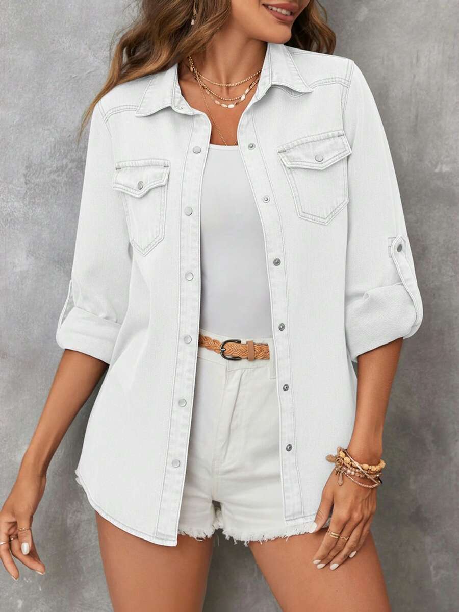 EMERY ROSE 女士休闲牛仔衬衫，街头风 - 白色 - 查看 1