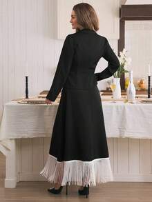 EMERY ROSE Standard Size Women's Fitted Blazer Jacket + Fringed Solid Color Mini Skirt Suit Set - Black - View 2