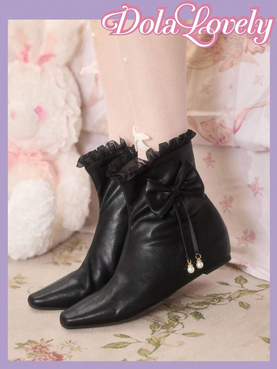 Dola Lovely Giày bốt cổ ngắn mũi vuông đính nơ thời trang hàng ngày đa năng cho nữ - màu đen - Xem 1