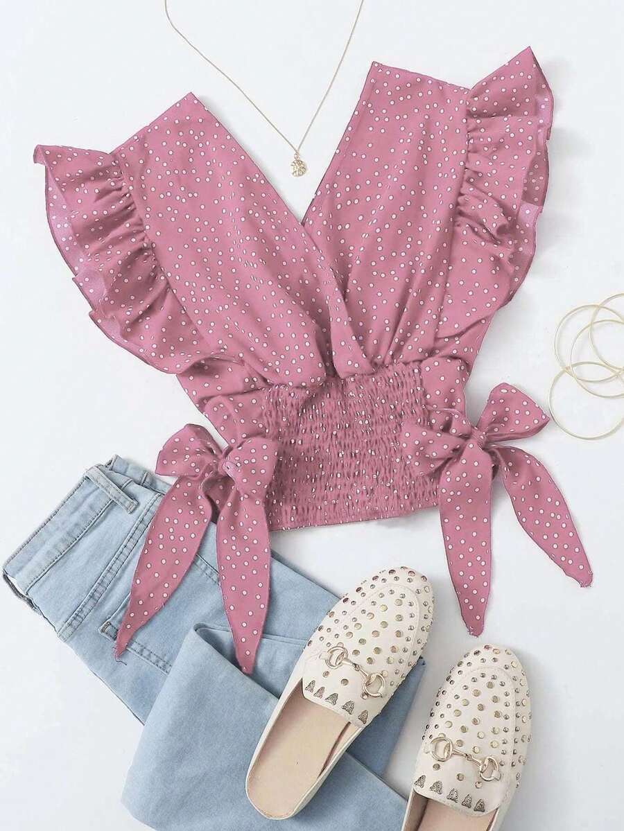 SHEIN LUNE 女士夏季休闲复古度假风波点印花交叉领荷叶边袖口蝴蝶结褶皱宽下摆上衣 - 粉色 - 查看 1