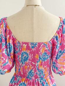 Soleia 女士度假风彩色花卉印花泡泡袖荷叶边下摆浪漫婚礼/毕业典礼/返校派对可爱休闲单身派对复古夏季橙色热带图案印花长裙 - 玫紅色 - 查看 4