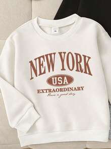 Bộ 3 áo nỉ cổ tròn in chữ cho bé trai/trẻ sơ sinh và trẻ mới biết đi từ 0-3 tuổi, NEW YORK, CLEVELAND, NY, Phù hợp với mọi mùa, Thường ngày, Hoạt động ngoài trời, Phối đồ cơ bản, Trang phục thể thao, Thời trang - trắng - Xem 3