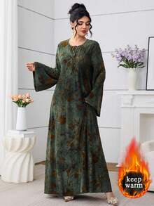 Al Najma 橄榄绿系带领针织提花宽松连衣裙 - 彩色 - 查看 3