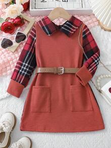 SHEIN Elladie kids 女童休闲格子拼接连衣裙，配腰带，适合日常通勤和上学，秋/春季穿着 - 紅色 - 查看 3