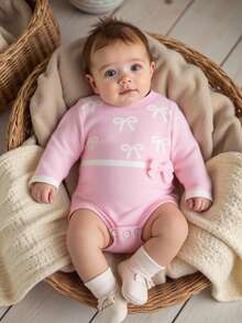 Baby Girl Casual, Fashionable And Cute Pink With Bow Pattern, Three-Dimensional Bow Decoration, Knitted Sweater Bodysuit, Soft And Comfortable, Suitable For Daily Scenes, Scenes, Travel Scenes Cozy Pixies Baby Girl Set Baby Girl Pink Romper Baby Girl Long Sleeve Romper Pink Bow Baby Outfit Newborn Baby Girl Clothes Winter Baby Girl Suit In Pink New Born Baby Girl Clothes Winter - Pink - View 12