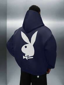 PLAYBOY X SUMWON Áo hoodie chui đầu in logo chú thỏ, áo nỉ trùm đầu dáng thường ngày mùa đông - Màu xanh hải quân - Xem 3